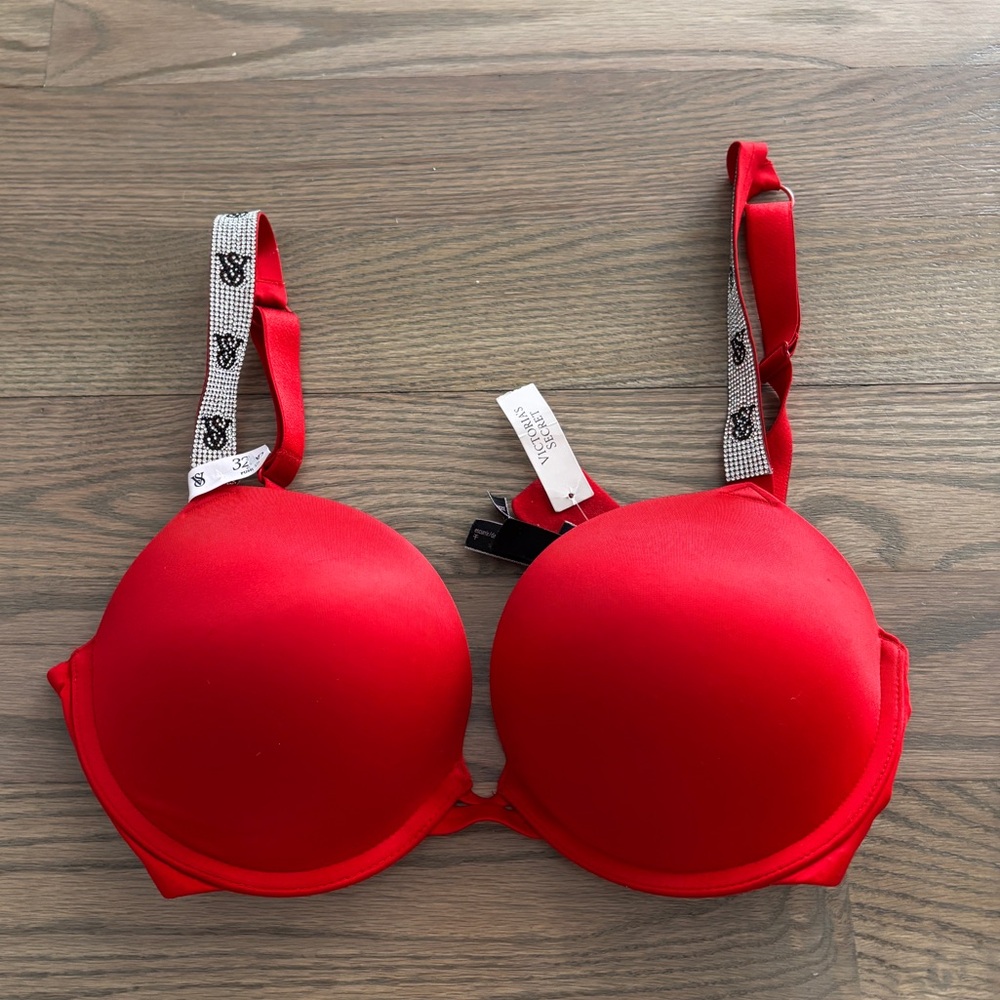 Victoria's Secret Red Shine Rhinestone Strap Push Up Bra 32DD New